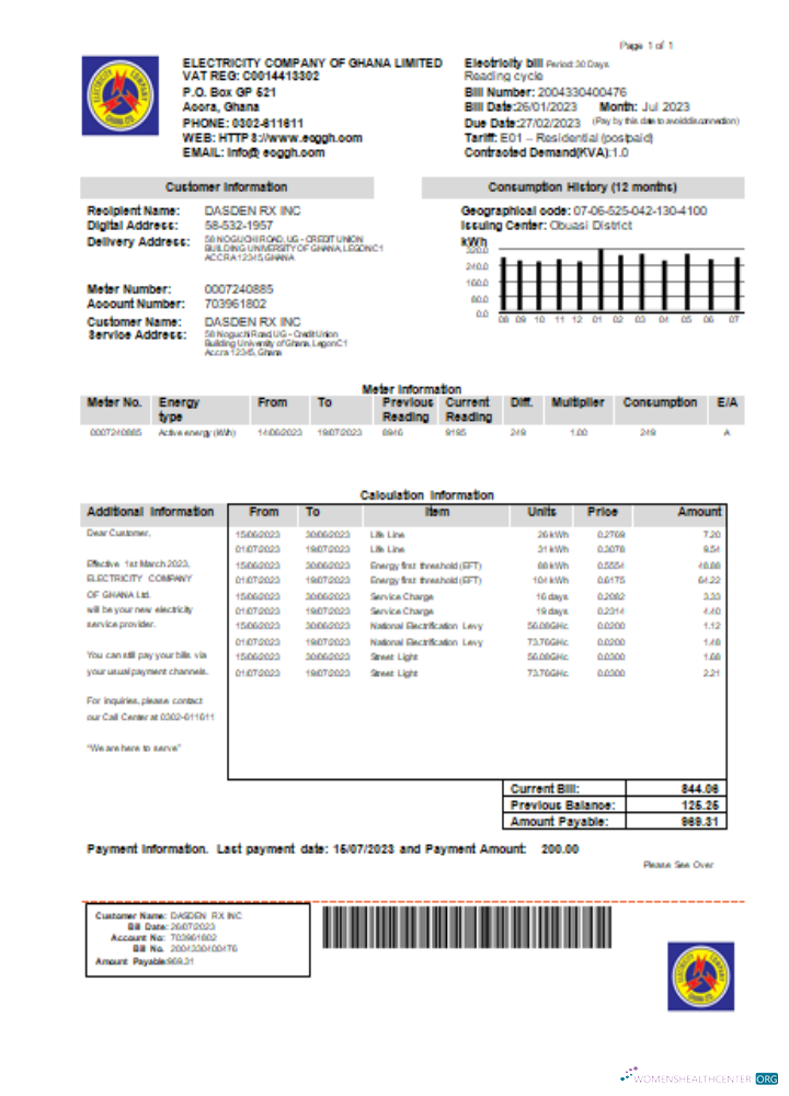 Download Electricity Company of Ghana Ltd utility business bill,SCR Photoshop template
